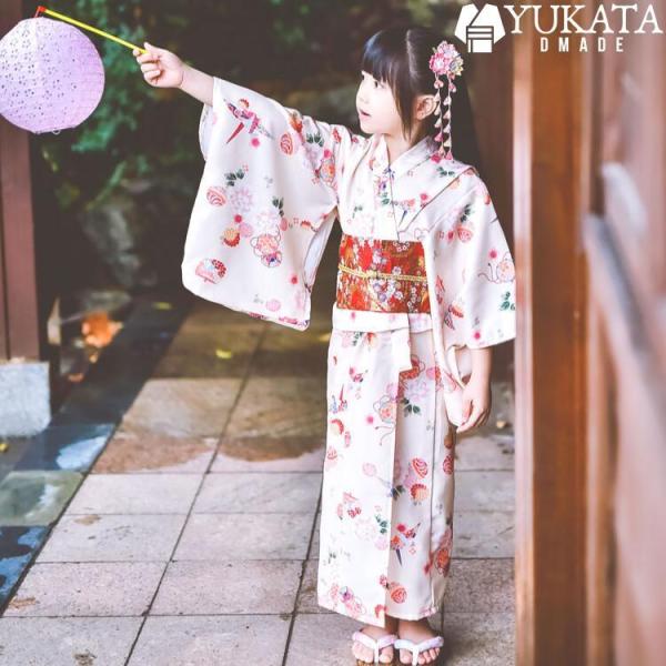 浴衣 子供 花柄 浴衣セット ピンク 白 女の子 キッズ浴衣 着物セット 8点セット 浴衣 腰ひも ...