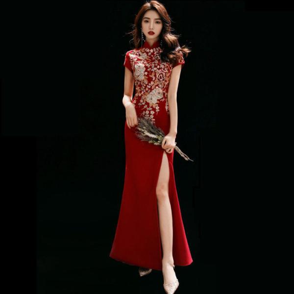 中華ドレス チーパオ 中華服 チャイナ風 チャイナドレス 前スリット 短袖 刺繍柄 エレガント 結婚...