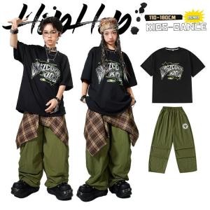 カーキグリーン カーゴパンツ ズボン 男の子 女の子 ストリート ユニセックス ダンス衣装 キッズ 子供服 ヒップホップ ブラック 黒 Tシャツ ブラウン チェック