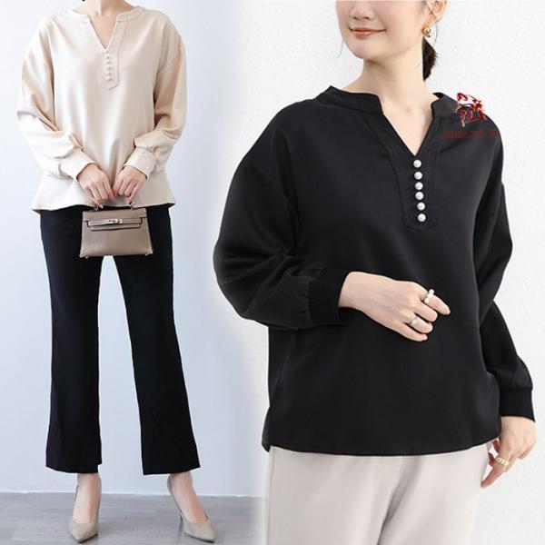 レディース ブラウス 長袖 Vネック 秋 冬 春 ゆったり オフィス カジュアル 通勤 長袖 シャツ...