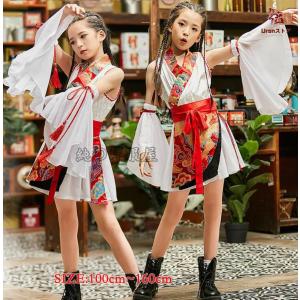 子供中華風ダンス衣装4点セット チャイナ風 和風 膝丈 チャイナドレス 着物 女の子 中華ドレス 中華コスプレ衣装 フリル付け袖 姫袖 中国風 ジャズ ストリートダ