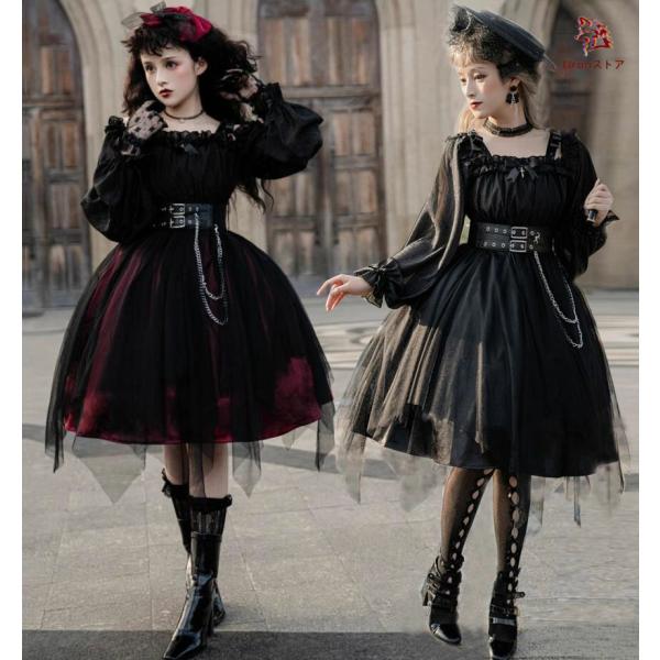 ワンピース ロリータ ゴシック＆ロリータ服 長袖 ロリータドレス 膝丈 ミモレ丈 暗黒 ワンピース ...