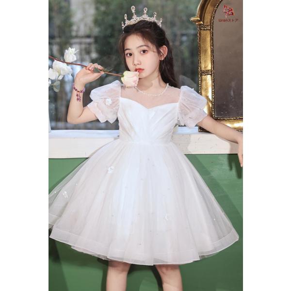子供 ショート丈 膝丈 ドレス 半袖 白い パーティー ドレス Ａライン ボリューム チュール 花び...