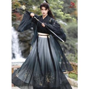 黒系 チャイナ服 漢服 メンズ レディース 男女兼用 交差襟 振袖羽織付き3点セット 暗黒系 金色の...