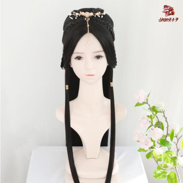 80CM中国風コスプレかつら　黒　中華風古典古代髪スタイルウイッグ　土台髷　まげ　舞台写真撮影道具　...