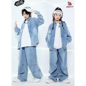 子供ダンス衣装 ヒップホップ HIP-HOP ジャズキッズダンス衣装 長袖デニムシャツ デニムパンツ 白Tシャツ ゆったり　男の子 女の子 hiphop演出服 セットアップ