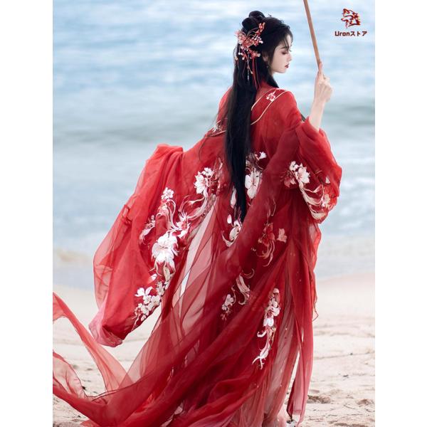 華やか漢服 中華コスプレ衣装 振り袖 引き裾 中国古代服装 九尾狐狸 刺しゅう コスプレ衣装 ワイン...