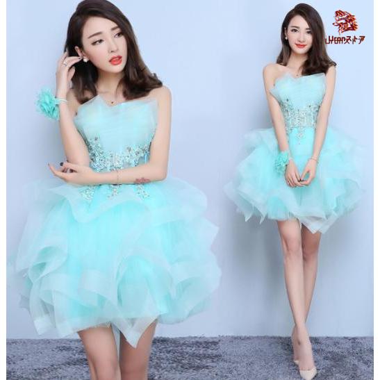 可愛い膝丈チュールドレス　 ブライズメイド服　スパンコールミニウェディングドレス　舞台ステージ撮影ド...