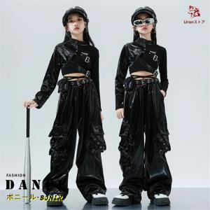 レザー 片袖 女の子 ダンス衣装 キッズ ヒップホップ 黒 レザーパンツ 強め インパクト かっこいい ガールズ ジャズ 原宿系 ストリート ｂ系 ダンス発表会 ステ
