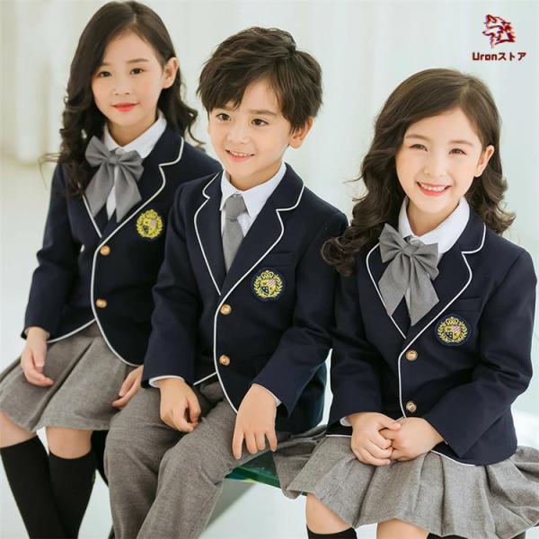 キッズ フォーマル スーツ 入学式 女の子 男の子 ジャケット 白シャツ ネクタイ スカート ワッペ...