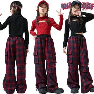 キッズダンス衣装 セットアップ 黒 赤 トップス へそ出し チェック ショート丈 トップス 長袖 トレーナー 赤 カーゴパンツ ワインレッド ダボパン 上下セット ヒ