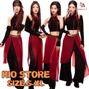 赤 黒 中華風 ダンス衣装 大人 セットアップ レディース k-pop へそ