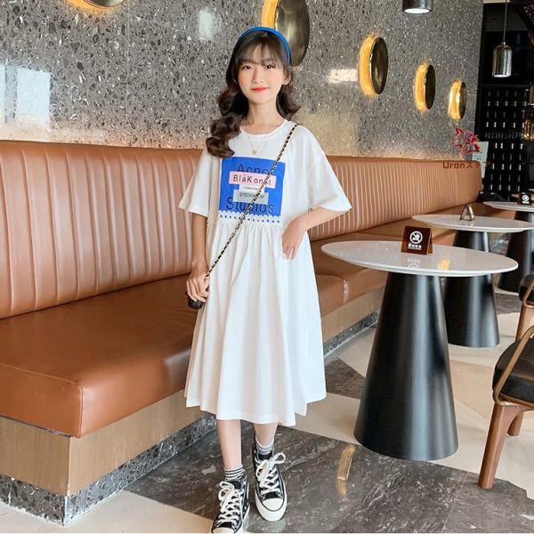 キッズ 子供服 ワンピース ロングワンピース 女の子春夏 ゆったり 可愛い ジュニア 丸首 半袖 英...