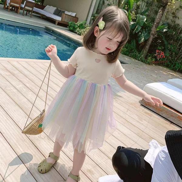 キッズ ベビー服 レースワンピース 夏 可愛い プリンセス チュール 虹色 半袖 女の子 KWEA0...