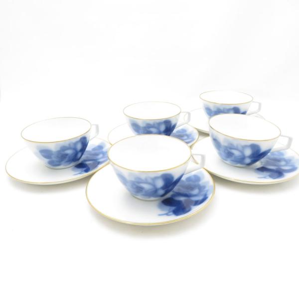 美品 OKURA 大倉陶園 ブルーローズ カップ＆ソーサー 5客 セット ティー コーヒー 金彩 青...
