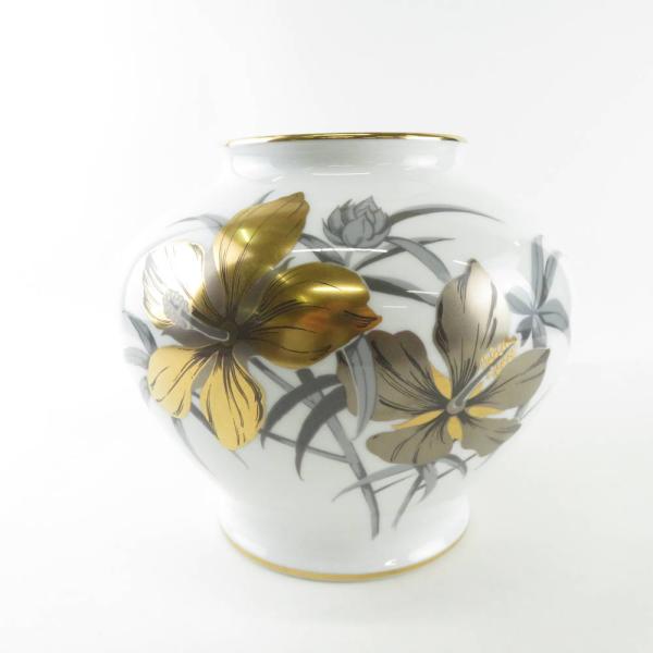 美品 OKURA 大倉陶園 花瓶 金蝕 銀彩 ハイビスカス フラワーベース 花 SU4566X