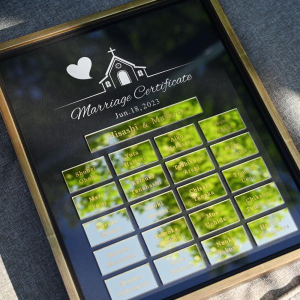 【結婚証明書 ゲスト参加型 少人数用 教会デザイン】ブラックゴールドフレーム ゴールドミラーアクリル...