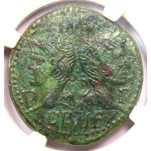 アウグストゥスとアグリッパ AE デュポンディウス ガリア ネマウスス ワニ コイン 西暦 10 〜 14 年 - NGC XF