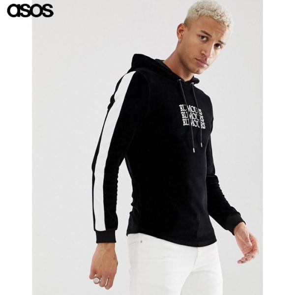 エイソス メンズ パーカー ブラック ASOS muscle velour hoodie with ...