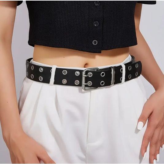 ダブルピンバックルベルト ブラック ヒップホップアイレット リベットスタッド PUウエストバンド パ...
