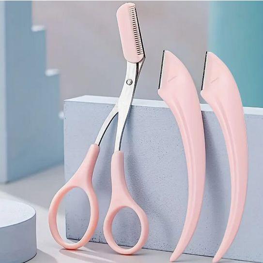 1pc ステンレス製 眉毛トリミングハサミ くし付き+2カミソリ - 眉毛のためのグルーミングツール...