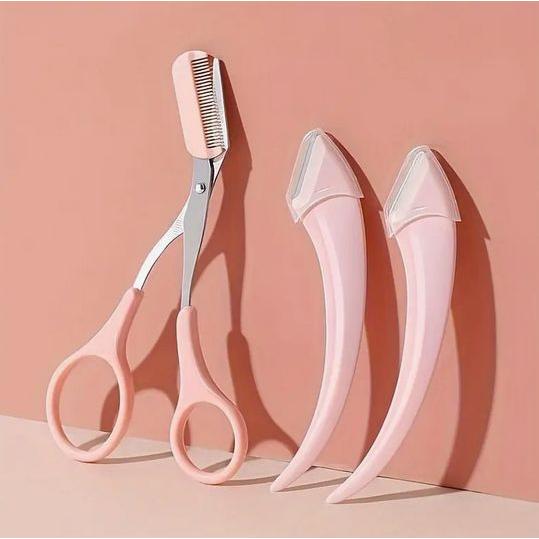 1pc ステンレス製 眉毛トリミングハサミ くし付き+2カミソリ - 眉毛のためのグルーミングツール