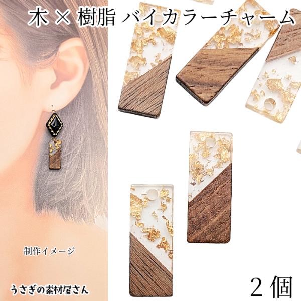 チャーム ウッド 樹脂 23mm 2個 長方形 クラッシュゴールド 横穴ビーズ ランダム 秋 冬 ハ...