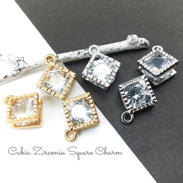 ストーンチャーム キュービックジルコニア スクエア 四角 フレーム 11mm ガラスストーン 8個 ...