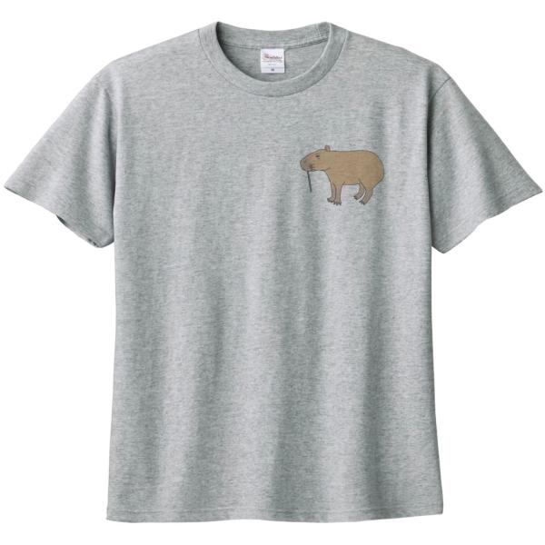 カピバラ　動物　生き物　Tシャツ　杢グレー　ワンポイント