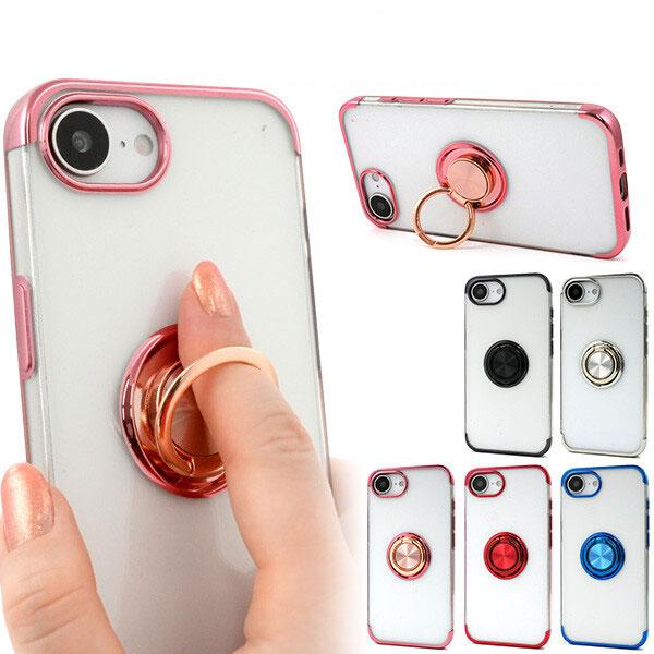 iPhone 16e スマホケース スマホリング付き メタルカラー バンパー ソフト クリアケース ...