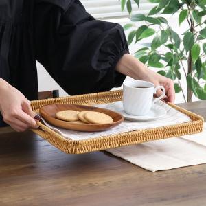 洗える手編みトレー ナチュラルトレー おぼん 幅36x奥行28x高さ3cm ナチュラル 水洗い可能 取っ手付き ハンドメイド 手編み 27873 天然木