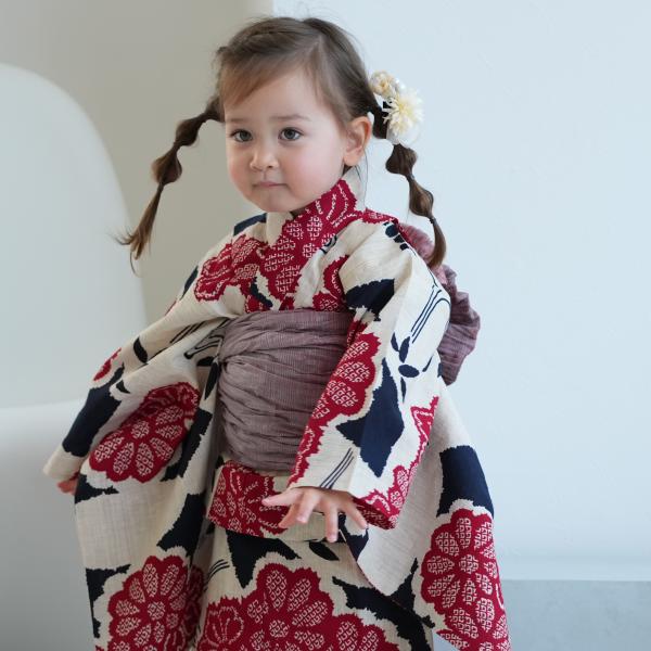 浴衣 子供 女の子 3点セット（浴衣/帯/下駄）花 菊 ピンク 赤 古典 注染 手染め にじみ 日本...