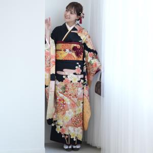 振袖 レンタル 成人式 21点セット レトロ 振袖 成人式セット 結婚式 結納 前撮り 黒系 正絹 黒地に金の梅