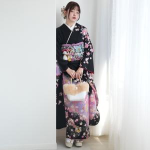 振袖 レンタル 成人式 21点セット レトロ 結婚式 結納 前撮り 成人式セット 花 紫 黒系 正絹 黒地に古典花 ※2026年12月〜2027年1月予約空きなし
