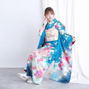 振袖 レンタル 成人式 21点セット レトロ 結婚式 結納 前撮り 成人式セット 花 青系 正絹 ターコイズブルーに古典花