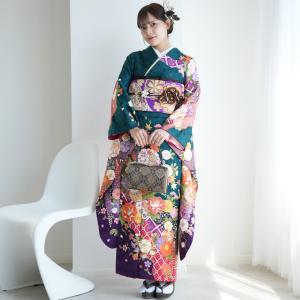 振袖 レンタル 成人式 21点セット レトロ 古典 成人式セット 結婚式 結納 前撮り 花 緑系 正絹 グリーンから紫の古典ぼかし