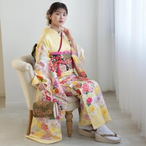 振袖 レンタル 成人式 21点セット レトロ 結婚式 結納 前撮り 成人式セット 花 黄系 正絹 淡いイエローの古典牡丹