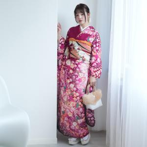 振袖 レンタル 成人式 21点セット レトロ 結婚式 結納 前撮り 成人式セット 花 赤系 正絹 赤紫に流れる花
