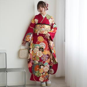 振袖 レンタル 成人式 21点セット レトロ 結婚式 結納 前撮り 成人式セット 花 赤系 正絹 赤地にレトロ梅と菊 ※2027年1月ご予約空きなし