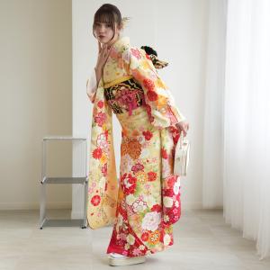 振袖 レンタル 成人式 21点セット レトロ 成人式セット フルセット 結婚式 結納 前撮り フォーマル 花 黄系 正絹 クリームイエローに八重桜
