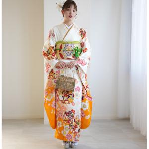 振袖 レンタル 成人式 21点セット レトロ 成人式セット 結婚式 結納 前撮り オレンジ系 正絹 白と山吹にレトロ花鞠 ※2026年12月〜2027年1月予約空きなし