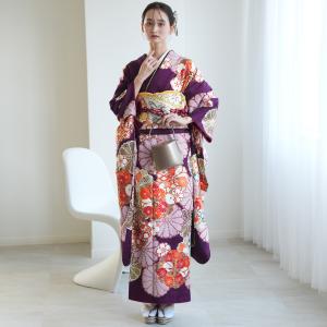 振袖 レンタル 成人式 21点セット レトロ 結婚式 結納 前撮り 成人式セット 菊 紫系 正絹 古典紫に絞り柄の菊