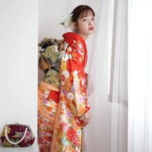 振袖 レンタル 成人式 21点セット レトロ 古典 結婚式 結納 前撮り 成人式セット フルセット 正絹 オレンジに御所車と花
