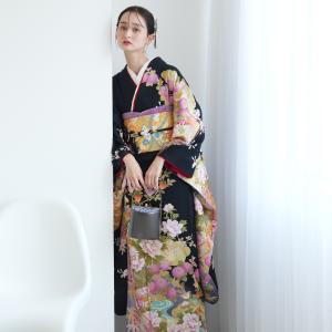 振袖 レンタル 成人式 21点セット レトロ 古典 結婚式 結納 前撮り 成人式セット フルセット 花 黒系 ブラック 正絹 黒地に可憐花