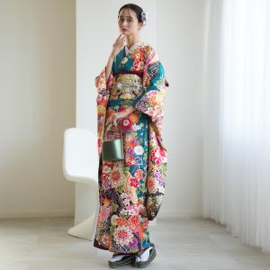 振袖 レンタル 成人式 21点セット レトロ 古典 結婚式 結納 前撮り 振袖セット フルセット 青系 正絹 ターコイズに敷き詰め古典柄