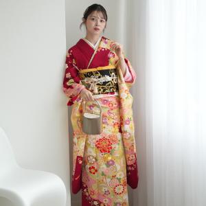 振袖 レンタル 成人式 21点セット レトロ 古典 結婚式 結納 前撮り 成人式セット フルセット 赤系 正絹 赤と黄色の古典花