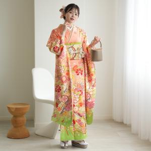 振袖 レンタル 成人式 21点セット レトロ 古典 結婚式 結納 前撮り フルセット 成人式セット ピンク 緑 正絹 サーモンピンクに鞠花