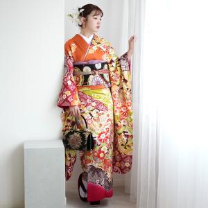 振袖 レンタル 成人式 21点セット レトロ 結婚式 結納 前撮り 成人式セット 花 オレンジ系 正絹 オレンジに豪華花々