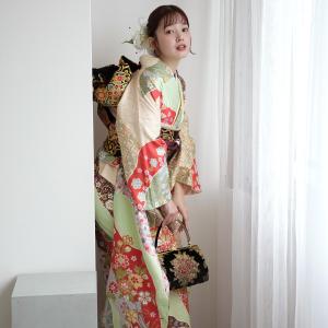 振袖 レンタル 成人式 21点セット レトロ 結婚式 結納 前撮り 成人式セット 黄緑系 正絹 グリーンとオレンジの古典柄