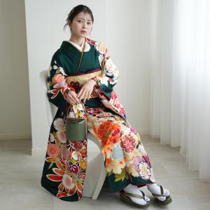 振袖 レンタル 成人式 21点セット レトロ 成人式セット 花 緑系 結婚式 結納 前撮り 正絹 渋グリーンに華やかレトロ ※2026年8月・2027年1月ご予約空きなし